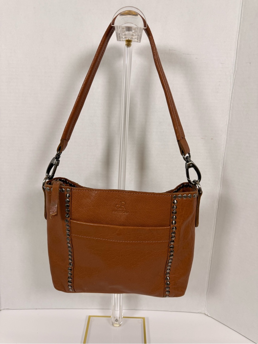 Tan Pebbled Leather Shoulder Bag with Studded Trim